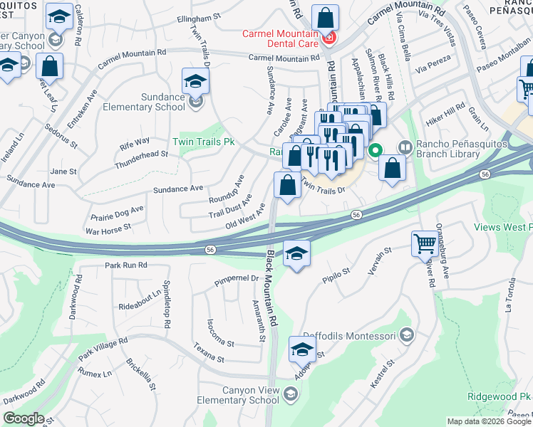 map of restaurants, bars, coffee shops, grocery stores, and more near 13113 Old West Avenue in San Diego