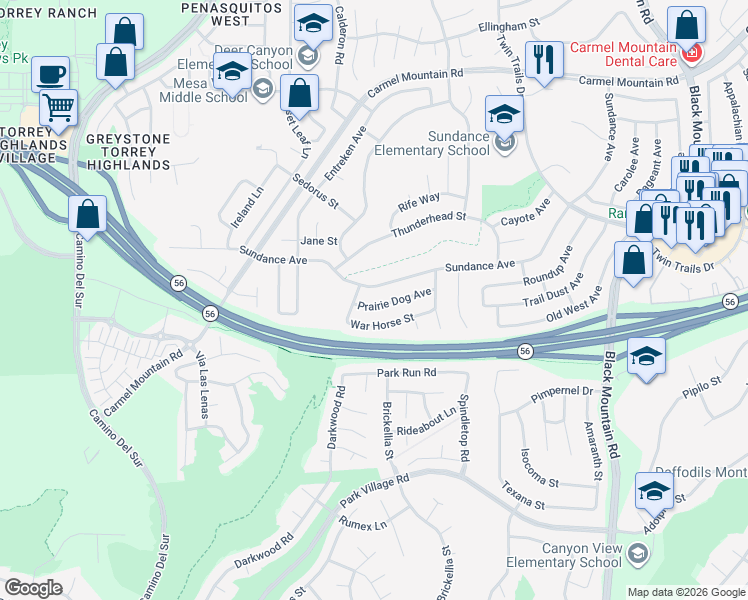 map of restaurants, bars, coffee shops, grocery stores, and more near 12795 Prairie Dog Avenue in San Diego