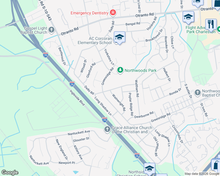 map of restaurants, bars, coffee shops, grocery stores, and more near 2662 Delhi Road in North Charleston