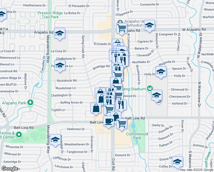 map of restaurants, bars, coffee shops, grocery stores, and more near 7943 Hillfawn Circle in Dallas