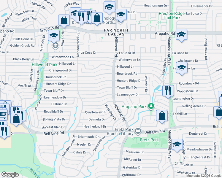 map of restaurants, bars, coffee shops, grocery stores, and more near 6948 Town Bluff Drive in Dallas