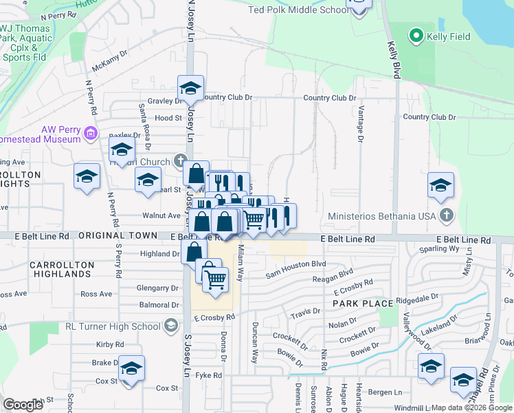 map of restaurants, bars, coffee shops, grocery stores, and more near 1100 Metrocrest Drive in Carrollton