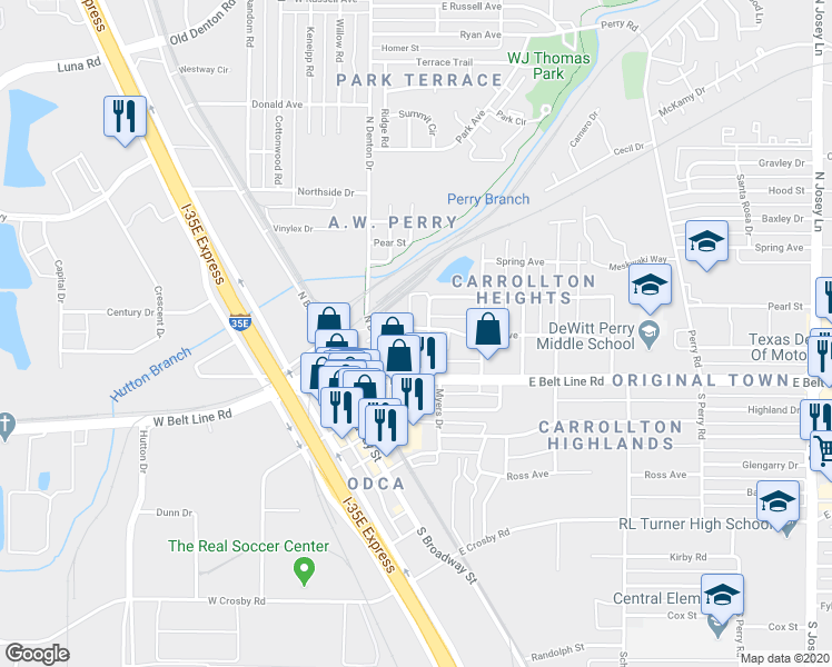 map of restaurants, bars, coffee shops, grocery stores, and more near 1105 Jackson Street in Carrollton