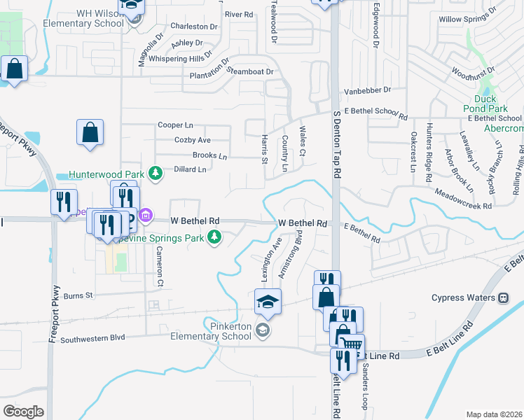 map of restaurants, bars, coffee shops, grocery stores, and more near 232 Olympia Lane in Coppell