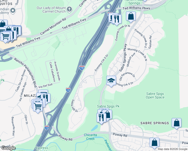 map of restaurants, bars, coffee shops, grocery stores, and more near Sabre Hill Drive & Evening Creek Drive in San Diego