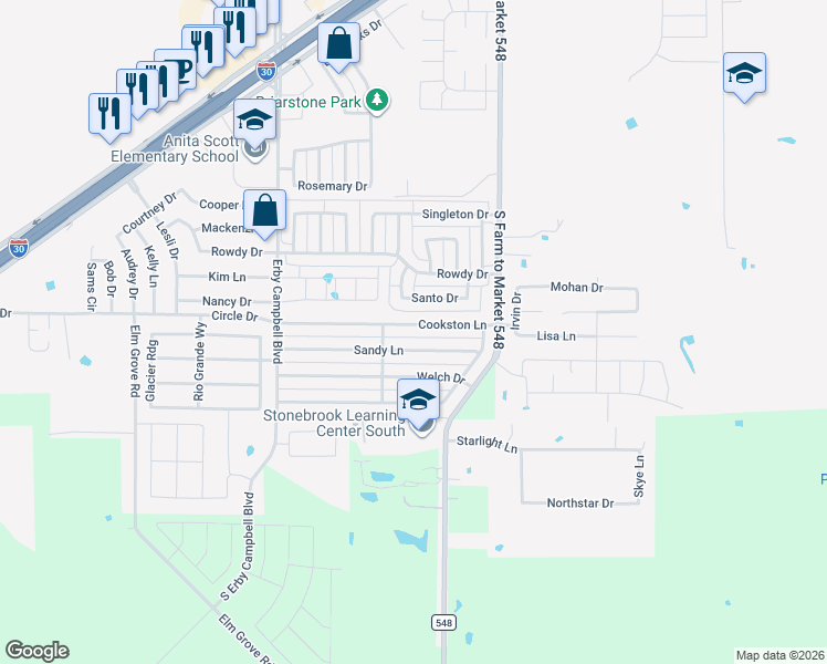 map of restaurants, bars, coffee shops, grocery stores, and more near 300 Sandy Lane in Royse City