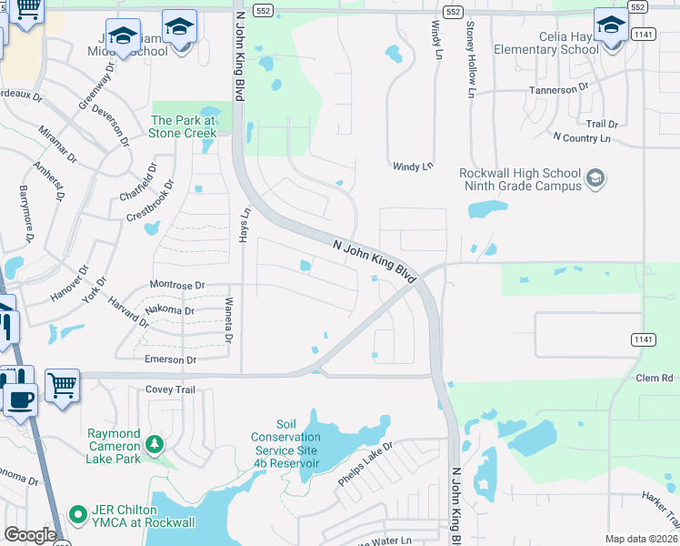 map of restaurants, bars, coffee shops, grocery stores, and more near North John King Boulevard in Rockwall