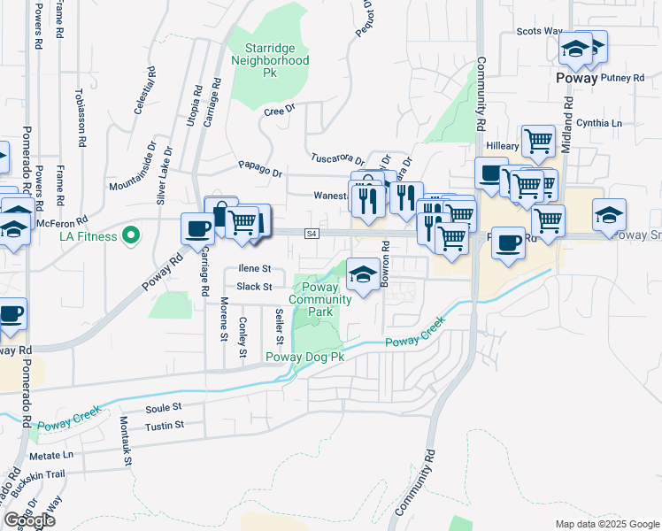 map of restaurants, bars, coffee shops, grocery stores, and more near 13126 Quate Court in Poway