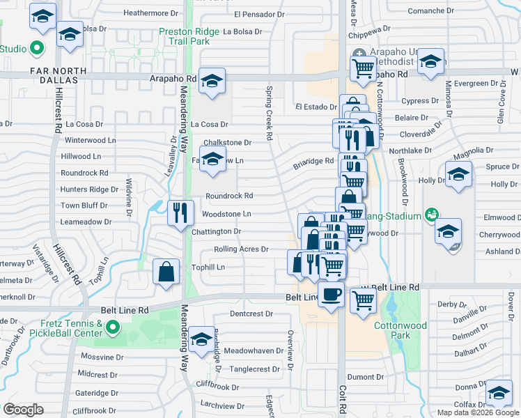 map of restaurants, bars, coffee shops, grocery stores, and more near 7735 Woodstone Lane in Dallas