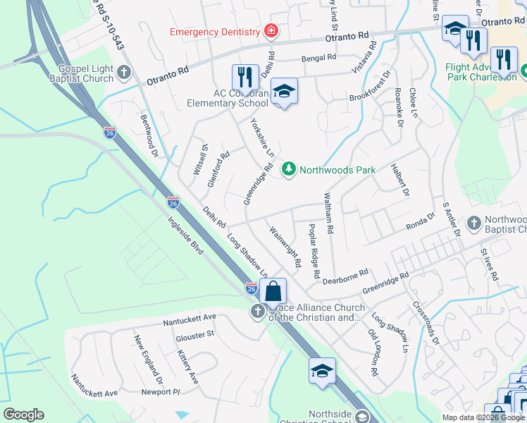 map of restaurants, bars, coffee shops, grocery stores, and more near 2662 Delhi Road in North Charleston