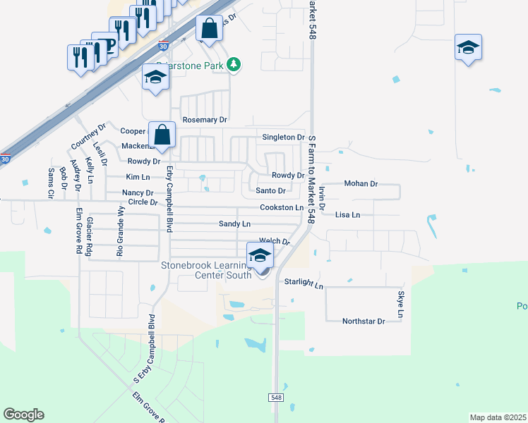map of restaurants, bars, coffee shops, grocery stores, and more near 217 Cookston Lane in Royse City