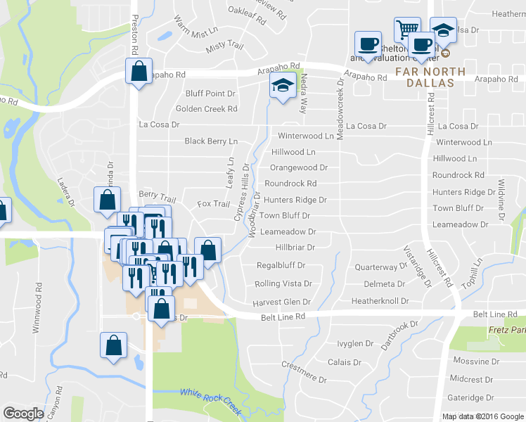 map of restaurants, bars, coffee shops, grocery stores, and more near 6607 Town Bluff Drive in Dallas