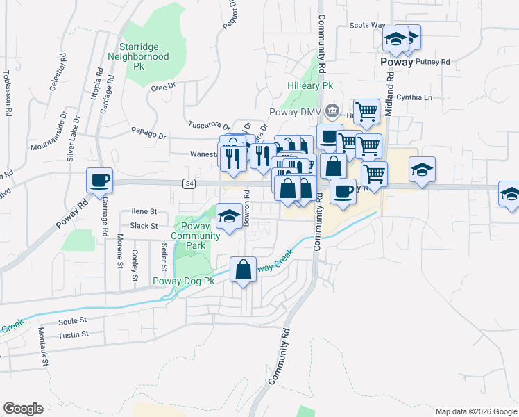 map of restaurants, bars, coffee shops, grocery stores, and more near 13250 Civic Center Drive in Poway