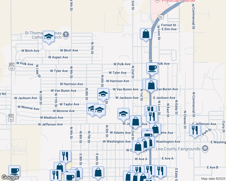 map of restaurants, bars, coffee shops, grocery stores, and more near 405 West Van Buren Avenue in Lovington