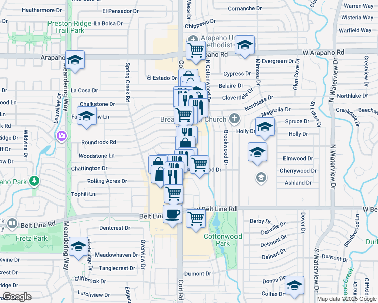 map of restaurants, bars, coffee shops, grocery stores, and more near 300 North Coit Road in Richardson