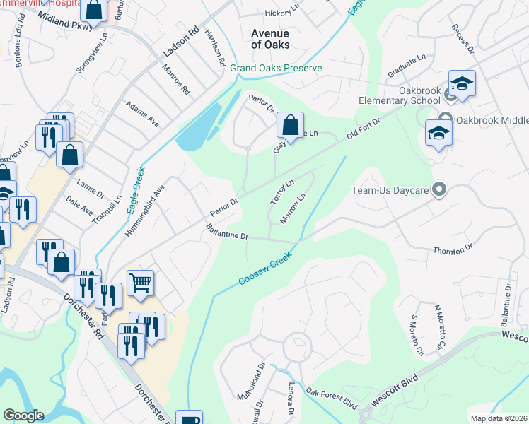 map of restaurants, bars, coffee shops, grocery stores, and more near 5154 Torrey Lane in Summerville