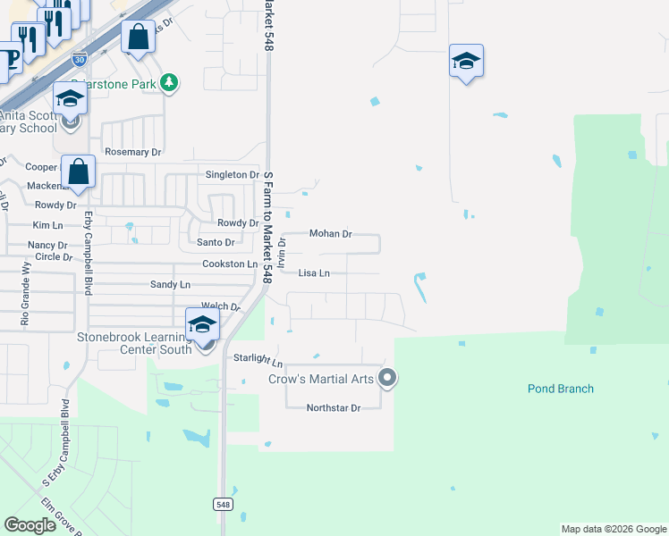 map of restaurants, bars, coffee shops, grocery stores, and more near 2106 Farm to Market 548 in Royse City