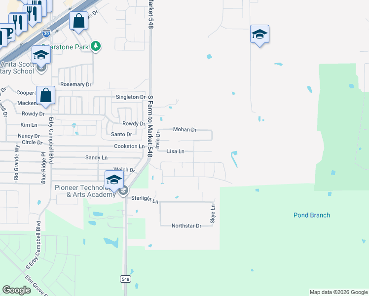 map of restaurants, bars, coffee shops, grocery stores, and more near 2106 Farm to Market 548 in Royse City
