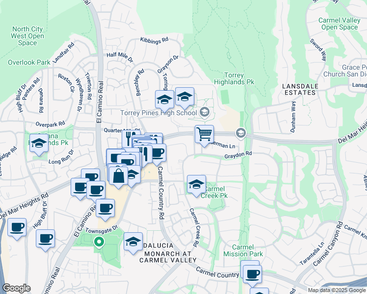 map of restaurants, bars, coffee shops, grocery stores, and more near 12774 Torrey Bluff Drive in San Diego