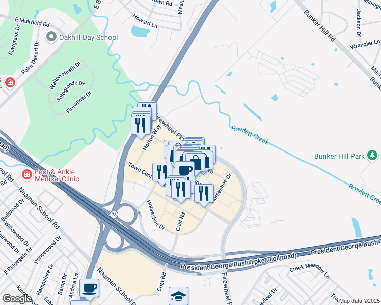 map of restaurants, bars, coffee shops, grocery stores, and more near 200 River Fern Avenue in Garland