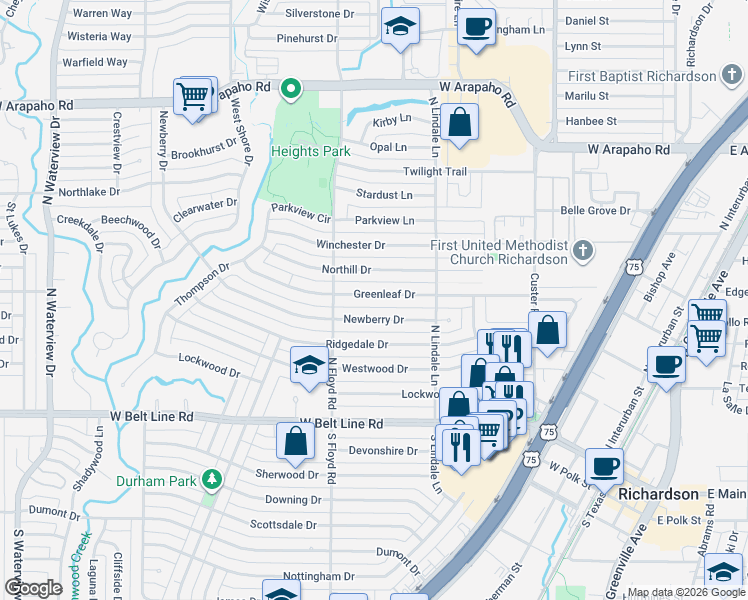 map of restaurants, bars, coffee shops, grocery stores, and more near 628 Newberry Drive in Richardson