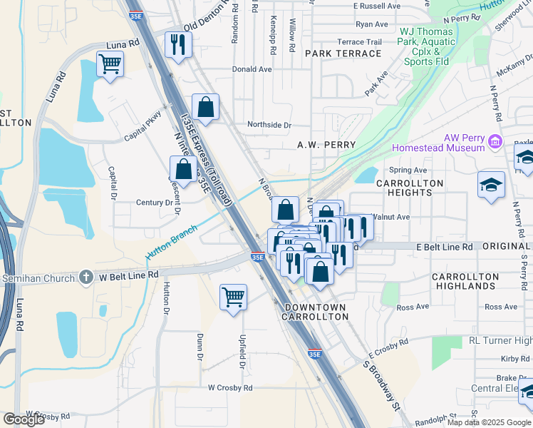 map of restaurants, bars, coffee shops, grocery stores, and more near 1199 North Broadway Street in Carrollton