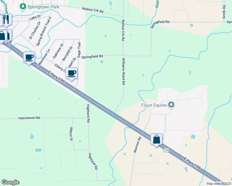 map of restaurants, bars, coffee shops, grocery stores, and more near 191 Highland Road in Springtown