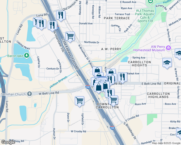 map of restaurants, bars, coffee shops, grocery stores, and more near 1199 North Broadway Street in Carrollton