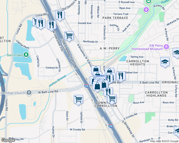 map of restaurants, bars, coffee shops, grocery stores, and more near 1199 North Broadway Street in Carrollton