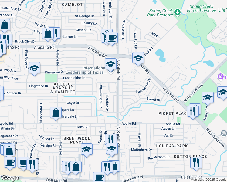 map of restaurants, bars, coffee shops, grocery stores, and more near 4398 Lawrence Drive in Garland