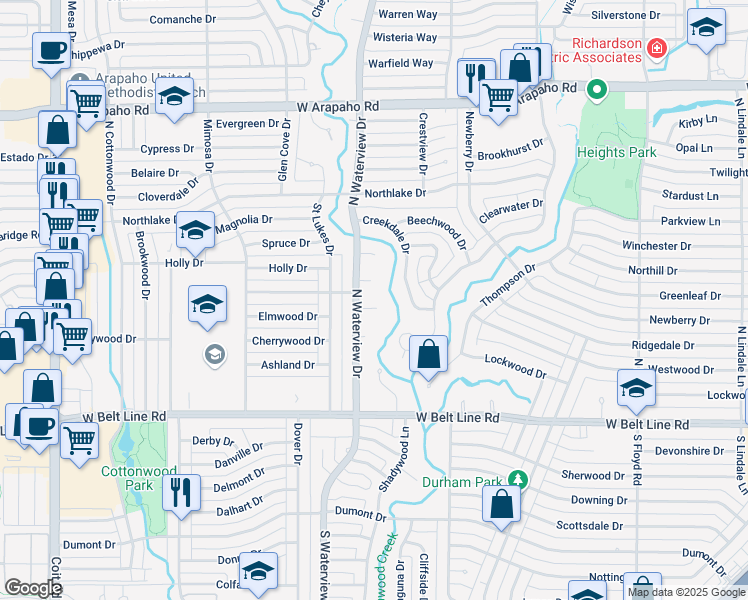 map of restaurants, bars, coffee shops, grocery stores, and more near 1001 Blue Ridge Place in Richardson