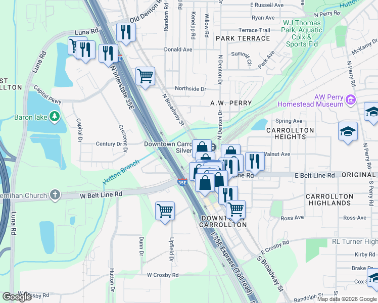 map of restaurants, bars, coffee shops, grocery stores, and more near 1199 North Broadway Street in Carrollton