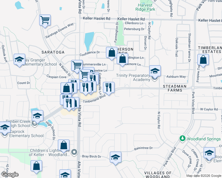map of restaurants, bars, coffee shops, grocery stores, and more near 12601 Lillybrook Lane in Fort Worth