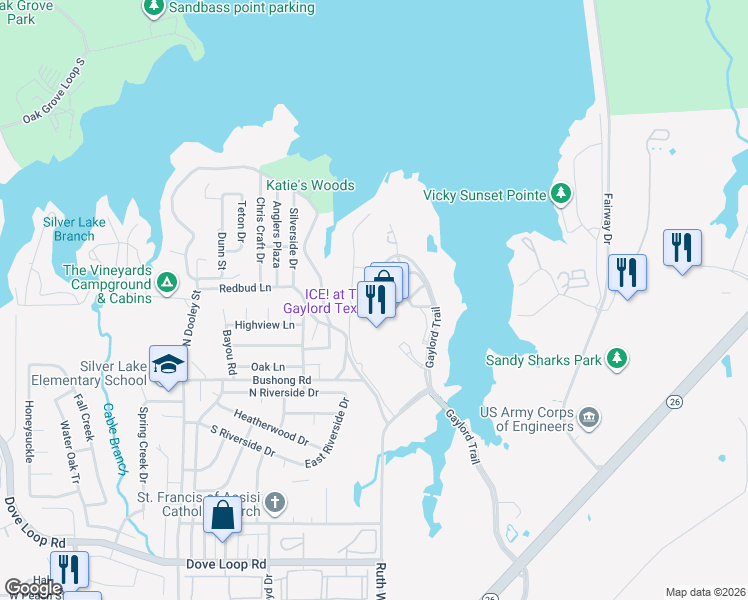 map of restaurants, bars, coffee shops, grocery stores, and more near 1501 Gaylord Trail in Grapevine