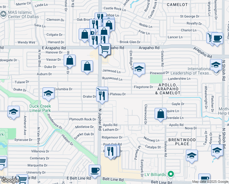 map of restaurants, bars, coffee shops, grocery stores, and more near 3402 High Plateau Drive in Garland