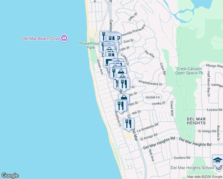 map of restaurants, bars, coffee shops, grocery stores, and more near 1105 Stratford Court in Del Mar