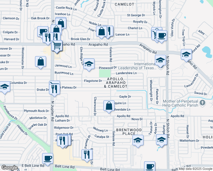 map of restaurants, bars, coffee shops, grocery stores, and more near 3018 High Plateau Drive in Garland