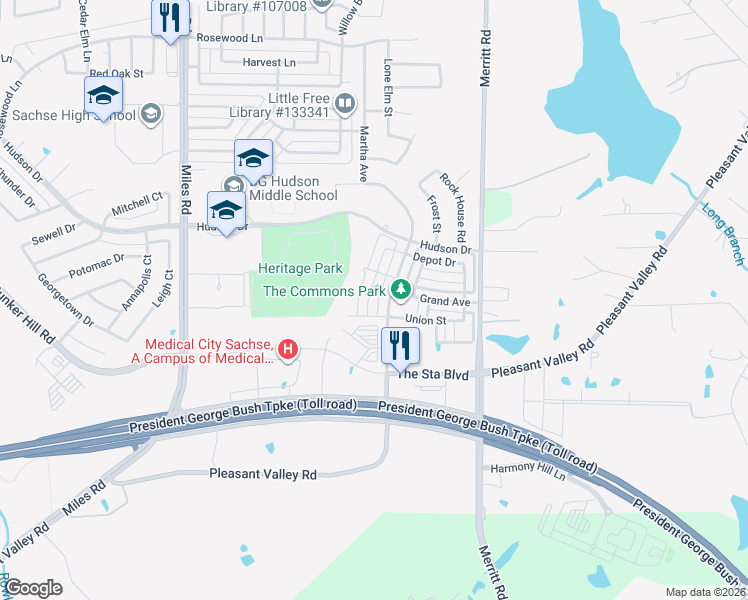 map of restaurants, bars, coffee shops, grocery stores, and more near 4011 Merritt Road in Sachse