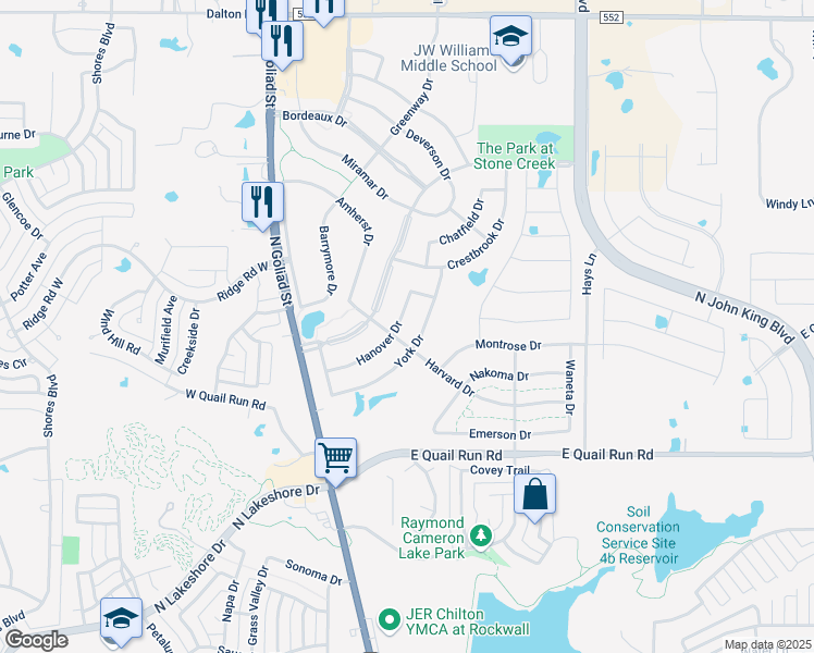 map of restaurants, bars, coffee shops, grocery stores, and more near 678 York Drive in Rockwall