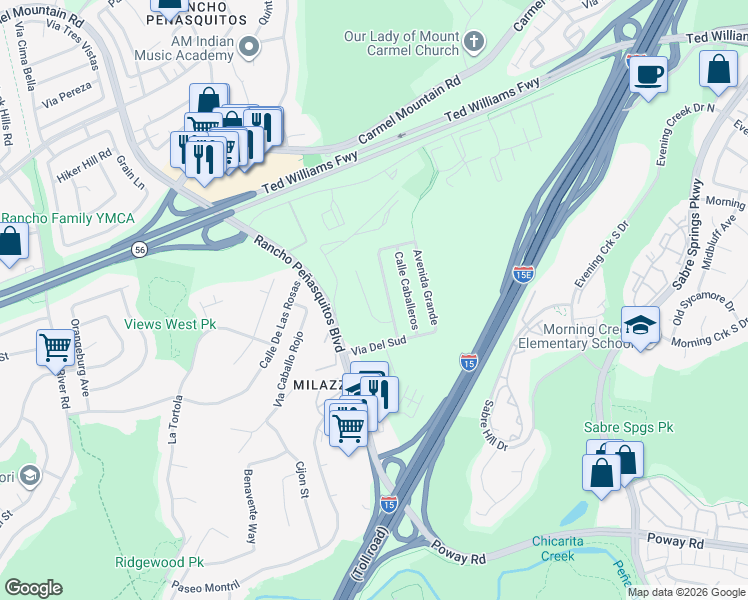 map of restaurants, bars, coffee shops, grocery stores, and more near 13052 Avenida Del General in San Diego