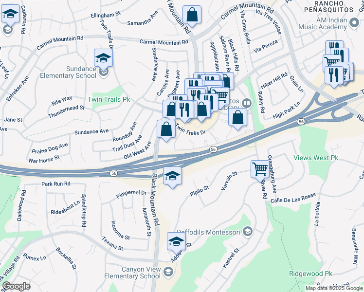 map of restaurants, bars, coffee shops, grocery stores, and more near 9322 Twin Trails Drive in San Diego