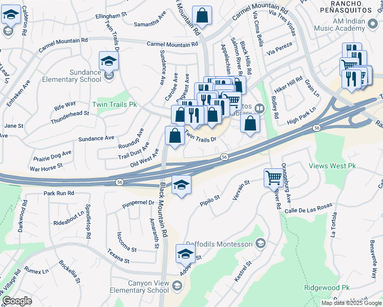 map of restaurants, bars, coffee shops, grocery stores, and more near 9326 Twin Trails Drive in San Diego