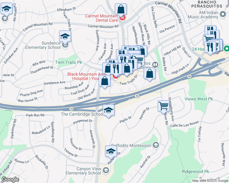 map of restaurants, bars, coffee shops, grocery stores, and more near 9342 Twin Trails Drive in San Diego