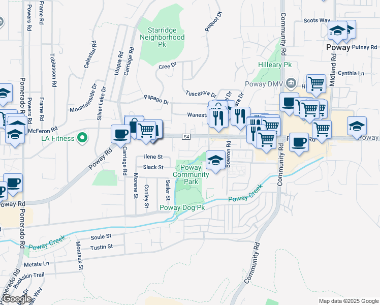 map of restaurants, bars, coffee shops, grocery stores, and more near 13126 Quate Court in Poway