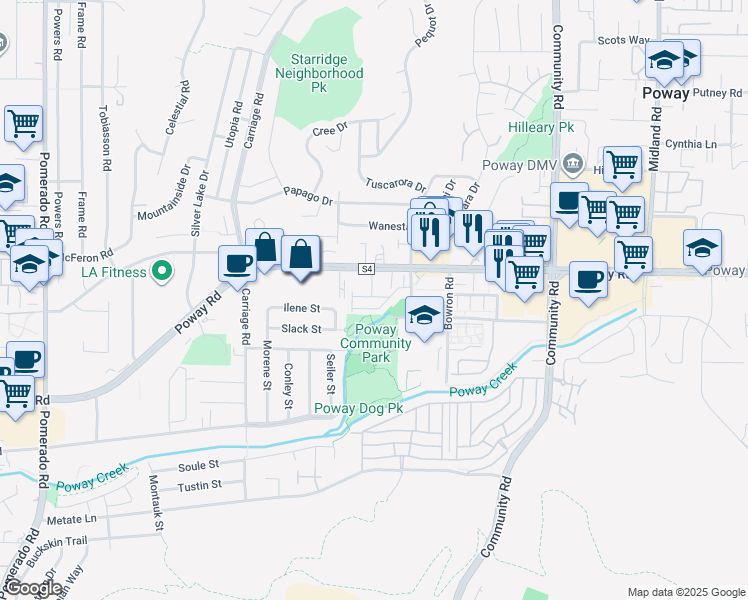 map of restaurants, bars, coffee shops, grocery stores, and more near 13126 Quate Court in Poway