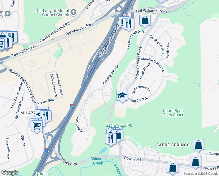 map of restaurants, bars, coffee shops, grocery stores, and more near 13045 Evening Creek Drive South in San Diego