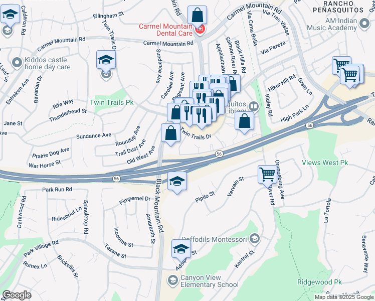 map of restaurants, bars, coffee shops, grocery stores, and more near 9322 Twin Trails Drive in San Diego