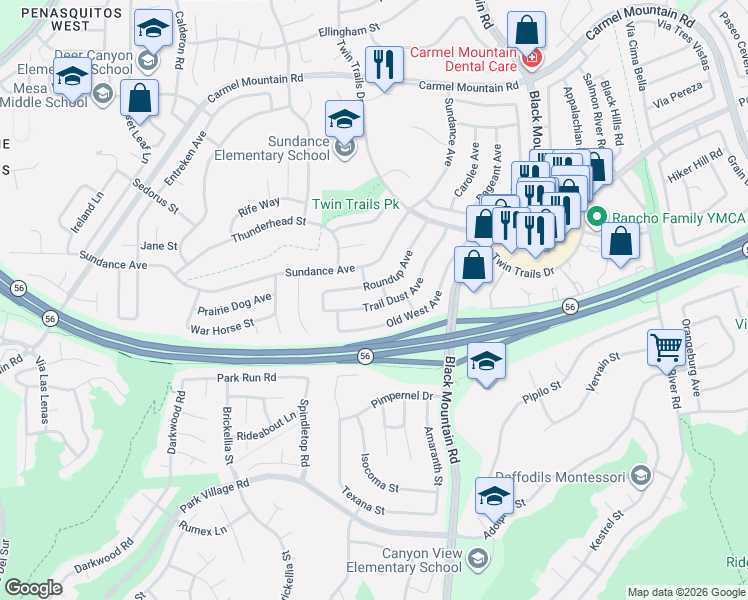 map of restaurants, bars, coffee shops, grocery stores, and more near 13061 Trail Dust Avenue in San Diego