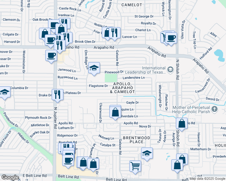 map of restaurants, bars, coffee shops, grocery stores, and more near 3018 High Plateau Drive in Garland