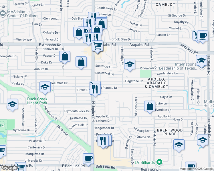 map of restaurants, bars, coffee shops, grocery stores, and more near 3402 High Plateau Drive in Garland